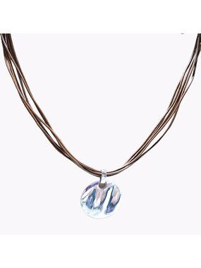 Art Deco Necklace Hand Painted Glass Pendant Blue Purple Multi Strand Leather